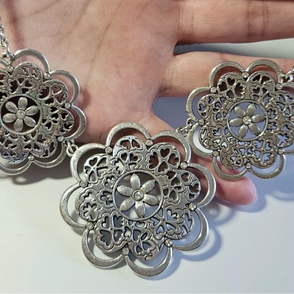 Brighton Silver tone Floral Filigree Medallion Necklace. 16" - 18" - Picture 3 of 3